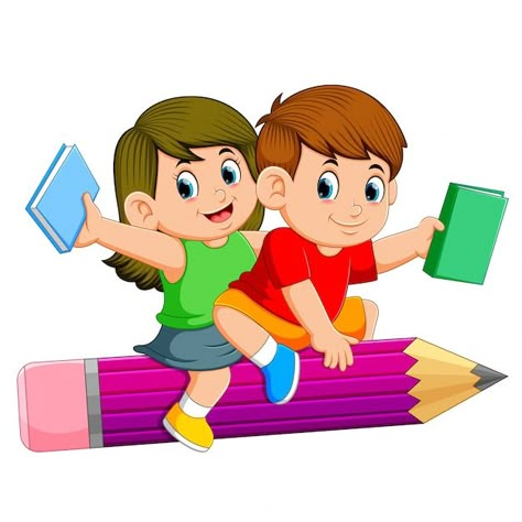 School kids riding a pencil | Premium Vector #Freepik #vector #children-book #school-kids #children-education #fun-learning School Wall Decoration, School Images, School Wall Art, School Painting, Alphabet Activities Preschool, School Banner, Preschool Art Activities, Kids Clipart, Art Drawings For Kids