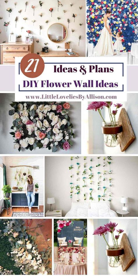 21 Self-Implementing DIY Flower Wall Ideas Flower Wall In Bedroom, Diy Flower Wall Bedroom, Wall Floral Arrangements, Flower Wall Ideas, Flower Wall Decor Diy, Wall Decorations Diy, Wall Bedroom Diy, Diy Wall Hanging Crafts, Fake Flowers Decor