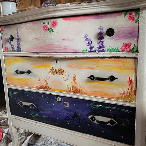 Feyre Drawers, Acotar Book Nook, Anime Dresser Diy, Acotar Room Decor, Archeron Sisters Dresser, Acotar Dresser Painting, Acotar Nursery, Feyre Painting Cabin, Acotar Painted Dresser