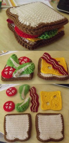 Crochet sandwich - apparently this is from a book. The link I've added goes to an adapted pattern: "Adapted from "Yummi 'Gurumi: Over 60 Gourmet Crochet Treats to Make" by Christen Haden, published by Mariarosa Sala/Andrews McMeel. Images Jeremy Hopley." Crochet Sandwich, Crochet Decor, Pola Amigurumi, Crochet Food, Fun Crochet, Haken Baby, Crochet Diy, Crochet For Kids, Knitted Toys