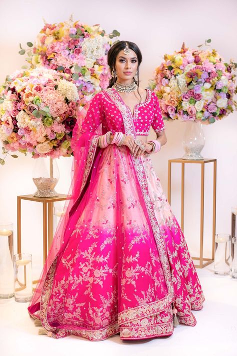 Pink Punjabi Wedding, Hot Pink Lengha, Punjabi Wedding Dress, Pink Lengha, Hot Pink Skirt, Hot Pink Tops, Pink Bottom, Silk Bottoms, Silk Dupatta