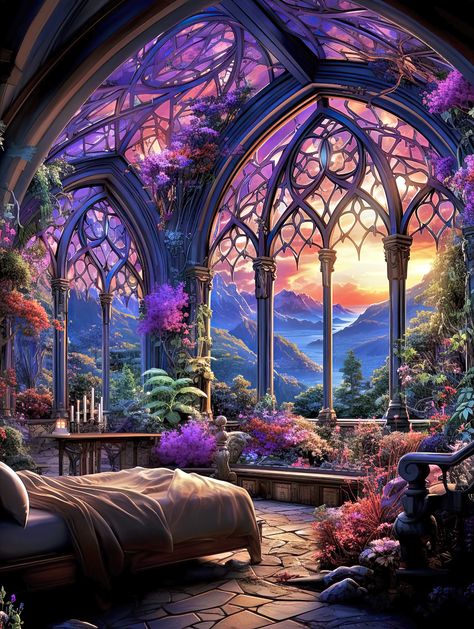 Glass House Illustration, Bedroom Fantasy Art, Fantasy Cathedral, Elven Bedroom, Fantasy Window, Setting Aesthetic, Mountain Mansion, Clouds At Sunset, Magical Bedroom