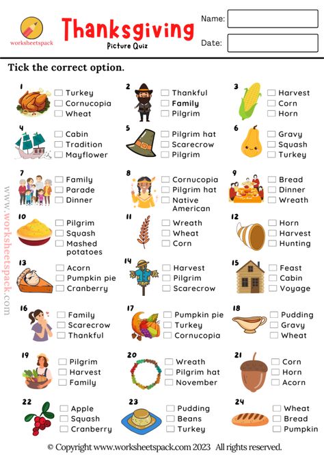 Free Thanksgiving Worksheets, Thanksgiving Exercise, Thanksgiving English Activities, Thanksgiving Worksheets For Kids, Thanksgiving Quiz, Free Quizzes, Quizzes For Kids, Color Quiz, Thanksgiving Worksheets