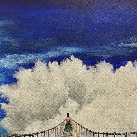 Tom Blood on Instagram: ""One Step At A Time" - 24" x 30" x 2", acrylic on canvas One can easily conjure up all kinds of stories regarding my first painting of 2024. We see a woman in a green, ballroom dress off in the distance, on her way to who knows where, via a rope bridge that reaches out into the sky and seems to lead into the clouds. Does the bridge have an other side? Is this a painting about going to 'the other side'? Are we literally on the same bridge as she is, since we're viewing it from our individual perspective? And why a green dress? Think of this painting as a metaphor about life. We don't really know where we'll ultimately end up. Yet we want to be prepared for that moment when it comes. The ropes and planks symbolize life's precarious path, urging viewers to contemplati Green Ballroom Dress, Metaphors About Life, Rope Bridge, One Step At A Time, Ballroom Dress, That Moment When, The Bridge, The Clouds, The Conjuring