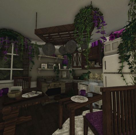 Roblox Bloxburg House Ideas Goth, Roblox Bloxburg House Ideas Cottagecore, Bloxburg House Ideas Exterior Grunge, Bloxburg Witch House Interior, Witch Bloxburg House, Cottage In Bloxburg, Cottagecore Blockburg House, Bloxburg Interior House Ideas, Witchy Bloxburg House