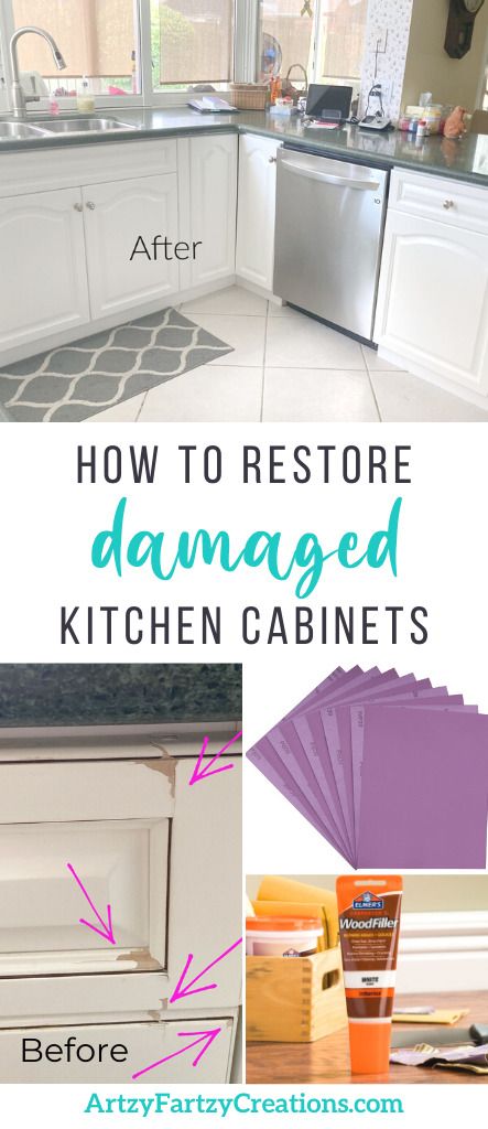 How To Fix Worn Kitchen Cabinets, Repairing Kitchen Cabinets, How To Restore Kitchen Cabinets, Restore Kitchen Cabinets, Cabnits Kitchen, Cabinet Repair, Siding Ideas, Furniture Painting Tips, Cabin Kitchen