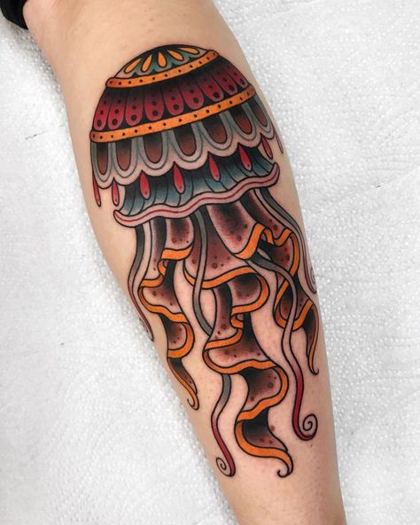 Jellyfish Tattoo | Tattoo Ideas and Inspiration | marina_goncharova_tattoo American Traditional Jellyfish, Traditional Jellyfish Tattoo, Traditional Jellyfish, Ink Jellyfish, Swag Tattoo, Tato Tradisional, Shark Shoes, Jellyfish Tattoo, Back Of Shoulder Tattoo