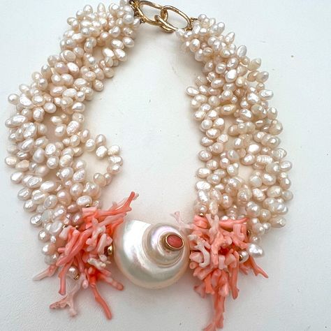 Basically Looks Brand New. Probably Worn A Few Times. 17.5” With Gold Clasp. Beaded Pearl Shell-shaped Necklace, Gold Shell-shaped Pearl Necklace For Beach, Shell-shaped Pearl Necklace With Pearl Chain, Beach Shell-shaped Pearl Necklace, Unique Shell-shaped Pearl Jewelry, Coral Necklace, Chunky Jewelry, Seed Pearl, Beach Jewelry