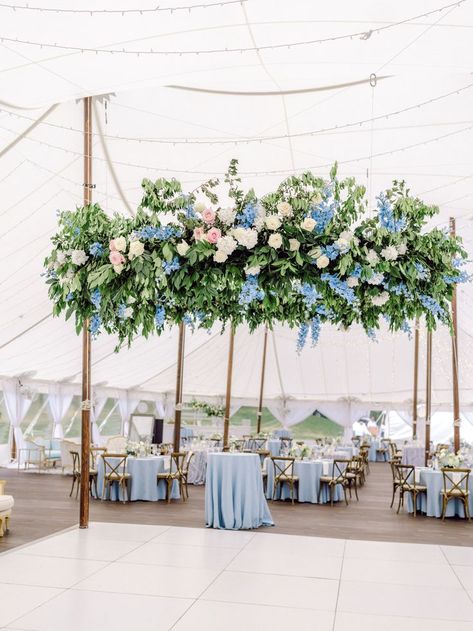 Pasha Belman Photography - Charming the Carolinas Events The Reserve at Lake Keowee Wedding Blue and White Reception Tent with White Stage White Dance Floor Hanging Floral Chandelier Arrangement Southern Style Mountain Wedding Blue Dance Floor Wedding, Blue And White Dance Floor, White Dance Floor Wedding, Flower Chandelier Wedding, Hanging Floral Chandelier, Wedding Blue And White, Marquee Wedding Decoration, Floral Chandelier Wedding, Hanging Flowers Wedding