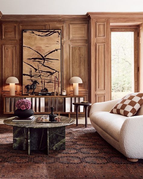 Our most sought-after pieces befit a 1930s great house designed by famed architect David Adler. The iconic @goop Gwyneth Chair, the Lavish Rug as tapestry, the Marconi Sofa reissued from a vintage design by @gianfrancofrattini—each transforms this beaux-arts estate into one that prioritizes practical luxury, European ease and a respect for history. Tap to shop the space. Living Room Two Coffee Tables, Formal Sitting Area, Cb2 Living Room, Rh Interior Design, Gianfranco Frattini, Armless Lounge Chair, Monochromatic Room, Wood Media Console, Oak Side Table