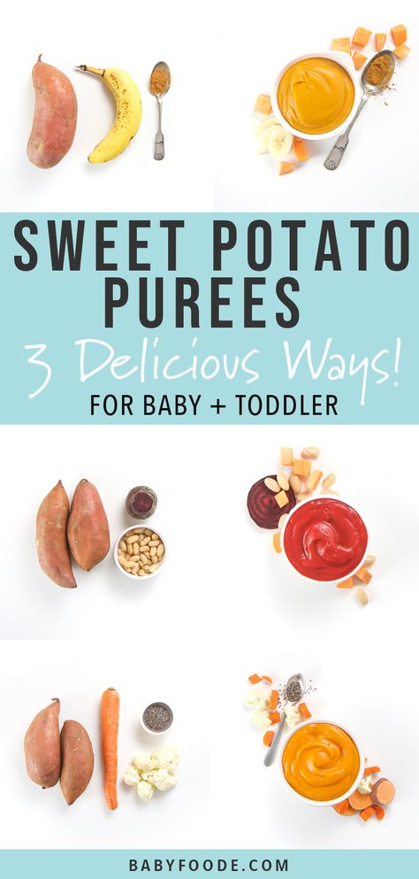 Your baby will love these sweet potato baby food purees prepared three delicious ways! By using sweet potatoes as the base ingredient, you can easily add in a few simple ingredients to the sweet potatoes to get 3 different homemade purees for baby. Each puree is easy, healthy, and irresitable to baby! #sweetpotato #babies Purees For Babies, Sweet Potatoes For Baby, Cinnamon Food, Sweet Potato Baby Food, Baby Food Puree, Fingerfood Baby, Sweet Potato Pancakes, Baby First Foods, Sweet Potato Wedges