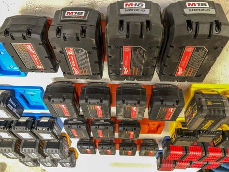 Cordless Battery Storage, Power Tool Battery Storage, Tool Battery Storage, Battery Storage Ideas, Lawn Equipment Storage, Craftsman Power Tools, Garage Organizing, Wood Storage Rack, Battery Holders