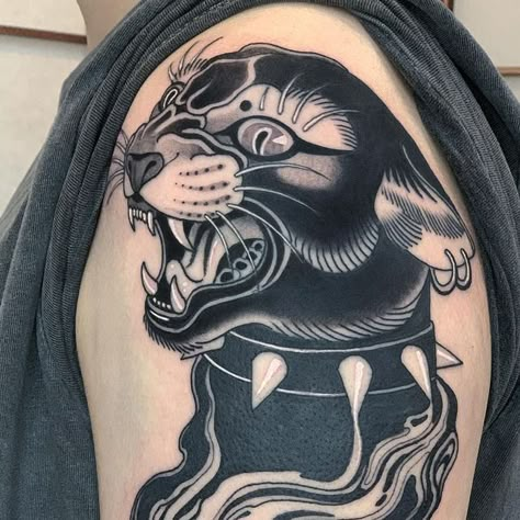 Black Philip Tattoo, Leo Virgo Tattoo, Cat Tattoo Placement, Traditional Tattoos Panther, Japanese Panther Tattoo, Traditional Panther Head Tattoo, Crawling Panther Tattoo, Traditional Tiger Head Tattoo, Black Circle Tattoo