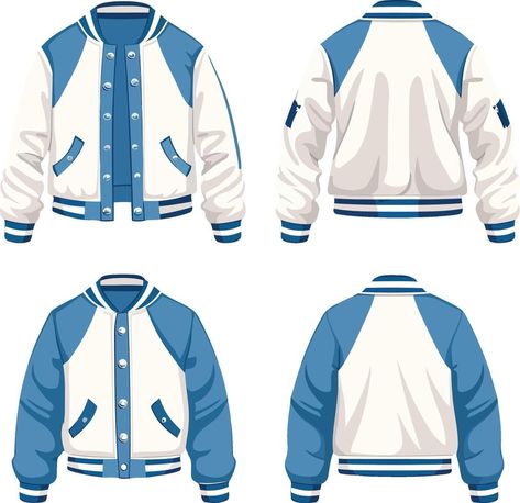 Illustration of Blue and White Baseball Jacket, Front and Back Views Jean Jacket Illustration, Varsity Jacket Drawing, Varsity Jacket Back Design, Jackets Drawing, Sports Jacket Outfit, Jacket Reference, Baseball Illustration, Jacket Illustration, Jacket Mockup