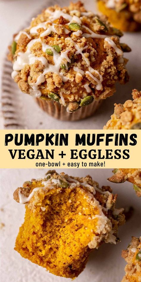 Collage of vegan pumpkin muffins focusing on streusel topping and muffin with bite taken out. Glutenfree Pumpkin Muffins, Vegan Pumpkin Muffins Healthy, Tofu Muffins, Gluten Free Vegan Muffins, Pumpkin Muffins Vegan, Vegan Muffin Recipes, Pumpkin Carrot Muffins, Vegan Apple Muffins, Vegan Gluten Free Muffins