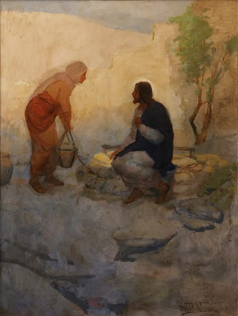 Woman at the Well from the collection of J. Kirk Richards | Artwork Archive J Kirk Richards Art, J Kirk Richards, Paintings Of Christ, Woman At The Well, Jesus Artwork, Water Tray, Pictures Of Christ, Lds Art, Jesus Christ Art