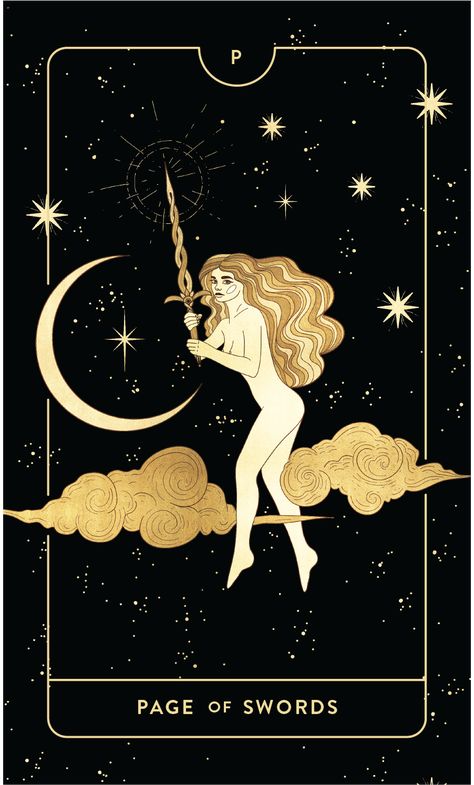 Divine Feminine Tarot, Tarot Cards Art Illustration, Page Of Swords, Divine Tarot, Sun And Moon Tapestry, Swords Tarot, Tarot Guide, Moon Tapestry, Wiccan Spell Book