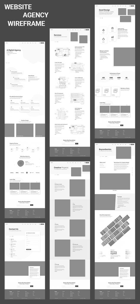 Website Agency Wireframes template Low Fidelity Mockups. With premium & modern looks it is easy to adapt to your own brand color and language. Also, it contains 8 pre-designed pages that give you an opportunity to starting not from scratch. Low Fidelity Wireframes Website, Wireframe Website Layout, Low Fidelity Wireframes, Website Wireframe Design, Website Mockup Design, Website Wireframe, Website Agency, Creative Agency Website, Banner Branding