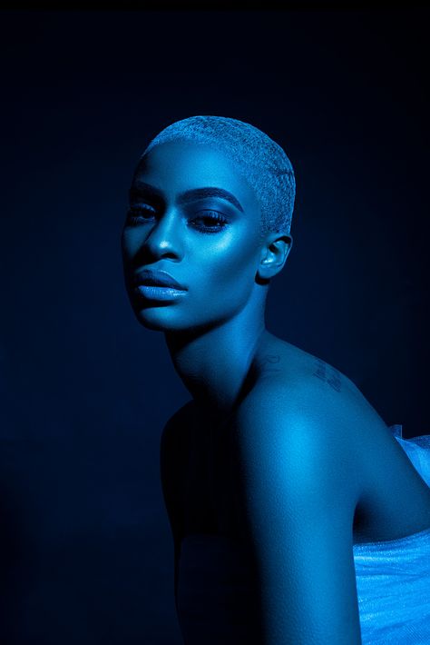 Blue Light On Black Skin, Blue Gel Photography, Blue Tint Photography, Blue Light Photography Portraits, Blue Monochrome Photoshoot, Blue Editorial Photography, All Blue Photoshoot, Blue Studio Photoshoot, Blue Lighting Photoshoot