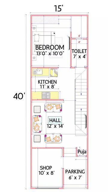 15x40 House Plan East Facing, 15x40 House Plans 3d, 15 40 Elevation Design, Sustainable Drawing, Narrow Building, Micro House Plans, 20x30 House Plans, One Bedroom House Plans, Floor Planning