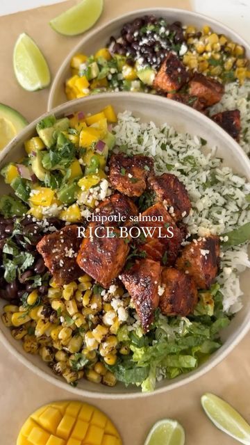 Salmon Chipotle Bowl, Salmon Dinner Bowl Recipes, Food Recipes High In Protein, Things To Eat With Salmon, Meal Prep Ideas Pescatarian, Healthy Salmon Dinner Ideas, Seafood Meal Prep For The Week, Pescatarian Recipes High Protein, Dinner Ideas Healthy High Protein