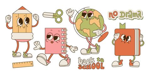 Set with school supplies groovy characters in gloves with quotes Back to school, No drama in contour flat retro classic cartoon style of 60s 70s. Globe, pencil, book, notebook mascots. Classic Cartoon Characters Drawings, Back To School Illustration, Cartoon Objects, Pencil Character, 60s Cartoons, Retro Cartoon Style, Pencil Cartoon, 70s Cartoons, Cartoon Pencil