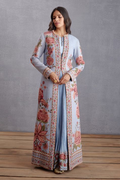 Buy Torani Blue Samsara Dhuni Jacquard Chogha Set Online | Aza Fashions Capes For Women, Sleeveless Long Dress, Indian Fashion Designers, Long Jacket, Sea Blue, Cotton Voile, Print Jacket, Girls Fashion, Blue Jacket