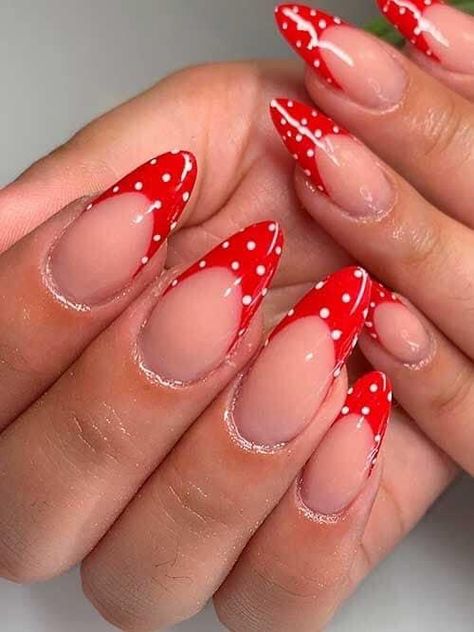 Red Dots Nails, Red Nails With White Polka Dots, Red Nails With White Dots, Red Nails With Polka Dots, Red And White Polka Dot Nails, Red Polka Dot Nails, Red French Tips, Red Chrome Nails, 70s Hair