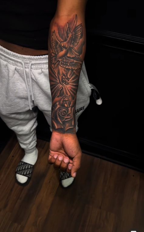 Tattoo Ideas Boys Arm, Nice Tattoo For Men Arm, Africa Tattoos Men Sleeve, Small Arm Tats Men, Arm Tats For Guys, Arm Tattoo Men Biceps, Bird Arm Tattoo Men, All Around Forearm Tattoo, 876 Jamaica Tattoo