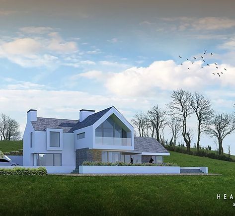 Self Build Houses Ireland, Modern Irish House, Sloped Roof Houses, House In Hill, Seaside Bungalow, House Built Into Hillside, Front House Ideas, Irish House Plans, Dormer House