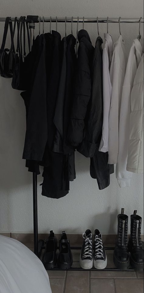 Black Clothes Rack Aesthetic, Black And White Style Aesthetic, Clothing On Rack Aesthetic, Black And White Closet Aesthetic, Fashion Aesthetic Black And White, Rack Of Clothes Aesthetic, Black And White Clothing Aesthetic, Black Wardrobe Aesthetic, Aesthetic Outfits Black And White