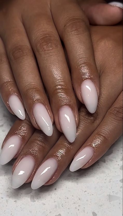 Nails For Debutante, Medium Almond Nails Milky White, Milky White Gel Nails Almond, Milky White Nails On Dark Skin, Extra Short Gel X Nails Almond, Milky White Almond Nail Ideas, Soft White Almond Nails, Milky White Nails Black Women, Pink Milk Nails