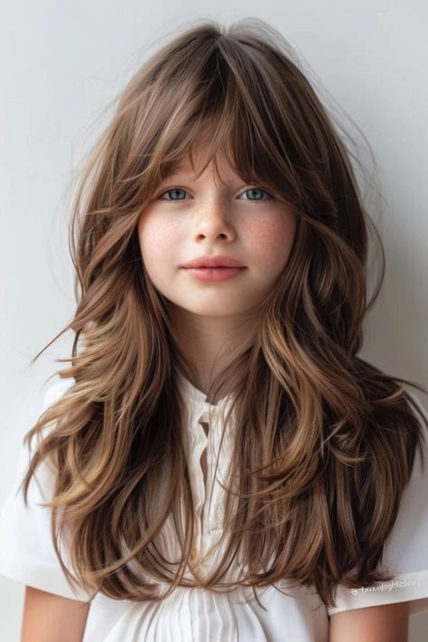 Kids Fringe Hairstyles, Curtain Bangs For Kids, Kids Layered Haircut, Kids Bangs Hair, Scarlett Hair, Girls Hair Cut, Kids Girl Haircuts, Bangs And Fringe, Olivia Hair