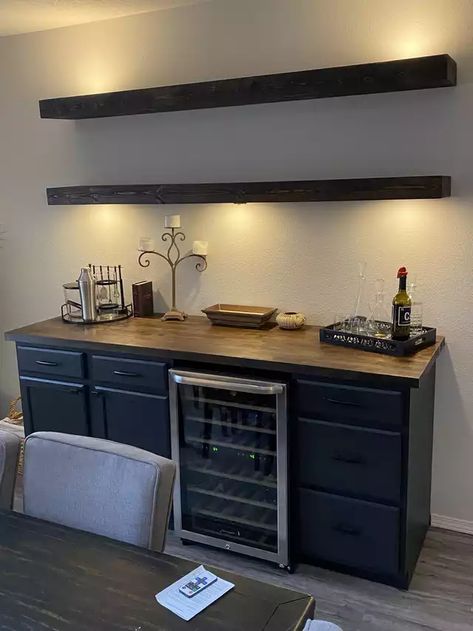 Tiny Basement Bar Ideas, Foyer Bar Ideas, Home Bar With Butcher Block Top, Dry Bar Lighting, Dry Bar Countertop Ideas, Dry Bar With Floating Shelves Kitchen, Serving Bar In Dining Room, Dining Room With Bar Cabinet, Diy Bar Wall Ideas