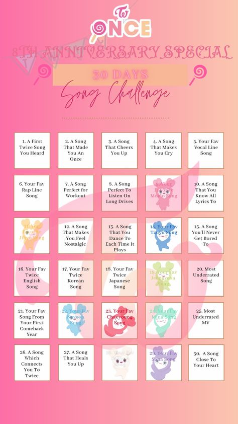 Lovelies, Twice, OT9, Momo, Nayeon, Jeongyeon, Jihyo, Sana, Mina, Dahyun, Chaeyoung, Tzuyu 30 Days Challenge, Twice Songs, 30 Day Song Challenge, Song Challenge, Workout Songs, Days Challenge, 8th Anniversary, Rap Lines, 30 Day Challenge