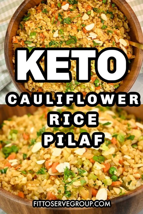 Elevate your meal with this healthy and delicious Cauliflower Pilaf Rice, a perfect side dish that complements any protein you would normally eat with regular rice. Unlike traditional pilaf rice, which sometimes uses pasta along with rice, this recipe is gluten-free, making it a great option for those with dietary restrictions. Keto Cauliflower Rice Pilaf, Cauliflower Rice Side Dishes, Cauliflower Rice Side Dish Recipes, Riced Califlower Recipes Sides, Roasted Cauliflower Rice Recipes, Low Carb Cauliflower Rice Recipes, How To Make Cauliflower Rice, Recipes Using Cauliflower Rice, Riced Cauliflower Casserole