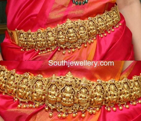 22 Carat gold antique finish nakshi work Lakshmi vaddanam studded with rubies by Hiya Designer jewellery.  ashtalakshmi vaddanam, waist belt Temple Jewelry Vaddanam, Ashtalakshmi Vaddanam Gold, Nakshi Vaddanam Design Gold, Vadanam Designs Gold With Grams, Asta Lakshmi Vaddanam, Gold Waist Belt Indian, Ottiyanam Designs Gold, Waist Belt Gold Indian Jewellery, Vaddanam Designs Gold Indian Bridal