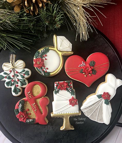 Christmas Wedding Shower Cookies, Wedding Christmas Cookies, Christmas Bridal Shower Cookies, Christmas Wedding Cookies Decorated, Christmas Engagement Cookies, Winter Wedding Cookies, Christmas Wedding Cookies, Winter Bridal Shower Themes, Engagement Party Cookies