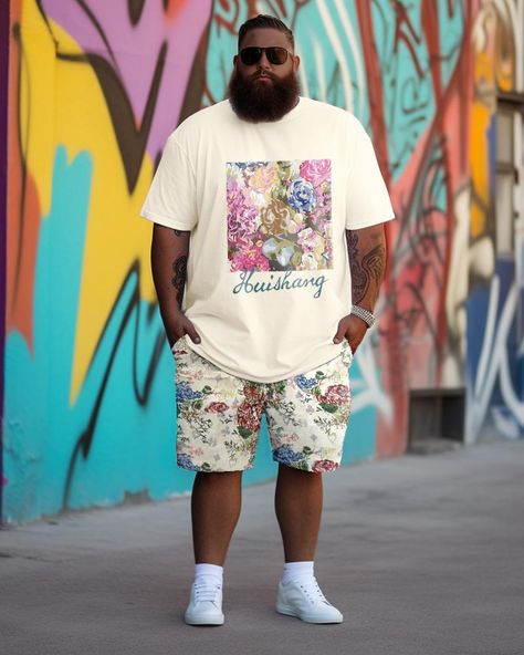 Artistic Rose Men's Plus Size Personalized Printed Two-Piece Set – biggmans Big And Short Mens Fashion, Plus Size Male Fashion Summer, Mens Concert Outfit, Streetwear Hawaiian Shirt With Graphic Print, Big Men Fashion Plus Size, Fat Men Style, Printed Shorts Men, Plus Size Men Flannel, Big Guy Style