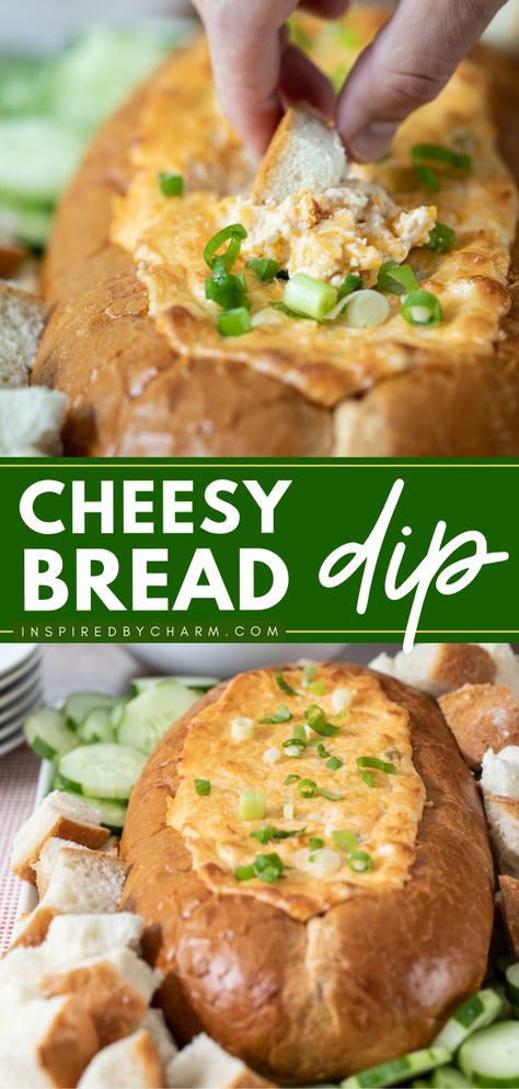 Here's a party snack or simple appetizer that's crave-worthy! It's an easy dip recipe in a bread bowl. Hearty and full of flavor, this Cheesy Bread Dip is great for entertaining! Pin this for later! Dips In A Bread Bowl, French Bread Dip, Best Dips For Sourdough Bread, Bread Bowl Dip Recipes Appetizer Ideas, Bread Bowl Appetizers, Bread And Dip Appetizers, Bread Bowl Recipe Dip, Cheese Dip For Bread, Bread Dips Recipes Appetizers