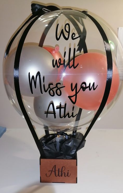 Farewell Balloon Decoration, Balloon Creations, Will Miss You, Hot Air Balloon, Balloon Decorations, Air Balloon, Hot Air, Miss You, Christmas Bulbs