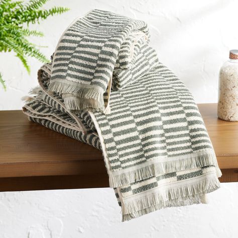 Mindee Laurel Green and Ivory Check Towel Collection - World Market Green Towels Bathroom, Towels In Bathroom Decorative, Pottery Barn Bathroom, Green Bath Towels, Laurel Green, Silk Blanket, Buckhead Atlanta, Green Towels, Hand Towels Bathroom