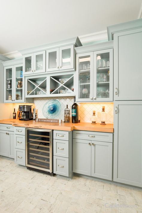 Coastal Coffee and Wine Bar with Blue Green Shaker Cabinets - Cabinets.com Coffee Bar Built In Cabinets, Coffee Wine Bar Ideas, Coastal Coffee Bar, Coffee And Wine Bar Ideas, Coffee/wine Bar Ideas, Green Shaker Cabinets, Thomasville Cabinets, Coffee And Wine Bar, Wine And Coffee Bar