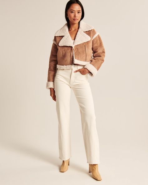 Women's Cropped Vegan Suede Shearling Jacket | Women's Coats & Jackets | Abercrombie.com | Abercrombie & Fitch (US) Sherling Jacket, Suede Jacket Outfit, Shearling Jacket Women, Jacket Outfit Women, Business Pants, Jacket Outfit, Double Breasted Jacket, Brown Jacket, Matches Fashion