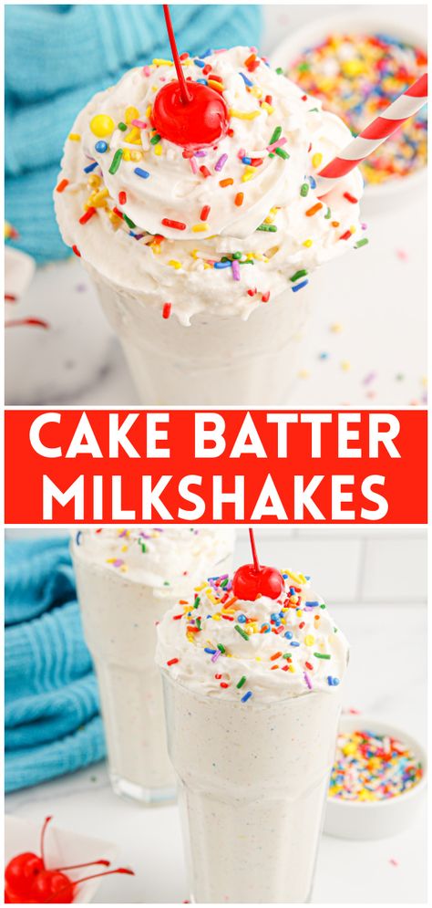 Cake Batter Frappuccino, Cake Batter Milkshake Recipe, Milk Shake Ideas, Cake Milkshake Recipe, Cake Batter Milkshake, Cake Batter Shake, Fun Easy Desserts, Cheesecake Milkshake, Yummy Milkshake Recipes