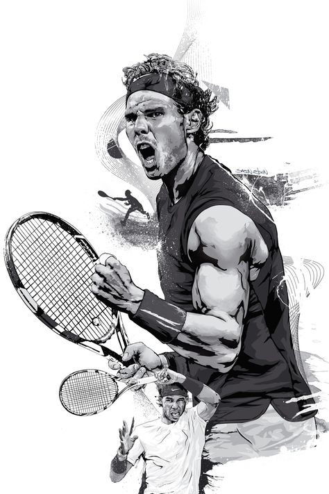 This Rafael Nadal poster art print is a unique illustration. The ideal interior wall art decor gift for tennis and sports fans. #nadalposterart #sportsposterdesign #tennisartillustration #sportsillustrator #freelanceillustrator #London Tennis Sketch, Sports Sketch, Magazine Sketch, Tennis Illustration, Sports Illustrations Art, Tennis Artwork, Tennis Rafael Nadal, Tennis Wallpaper, Tennis Poster