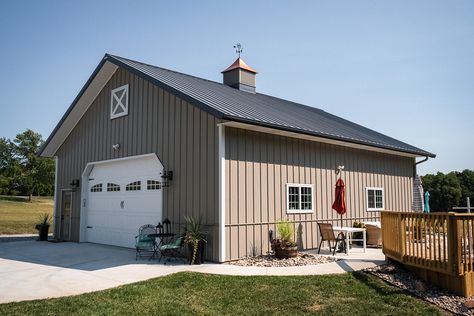 Morton Buildings hobby garage in Stewartsville, MO. Pole Barn Shop With Porch, Rv Garage With Loft, Metal Pole Barn Garage, Pole Barn Mechanic Shop, Pole Barn Garage With Storage Loft, Garage Shop Plans, Hobby Garage, Loft Door, Post Frame Construction