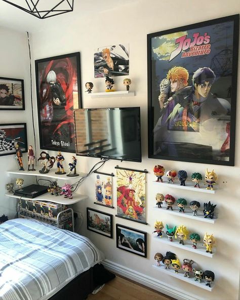 Anime Bedroom Ideas, Cool Room Designs, Otaku Room, Bedroom Setup, Anime Posters, Cute Bedroom Decor, Cute Room Ideas, Gamer Room, Pretty Room