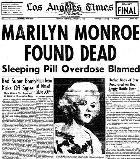 RetroNewsNow on Twitter: "On August 5, 1962, 36-year-old Marilyn Monroe was found dead in her Los Angeles home https://t.co/ismnpWc0RM" / X Marilyn Monroe Newspaper, Marilyn Monroe Fan Art, Marilyn Monroe Poster, Marilyn Monroe Photos, Norma Jean, Norma Jeane, Los Angeles Homes, Rare Photos, Black Aesthetic