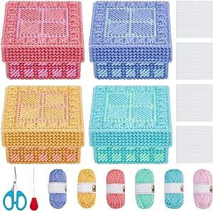 FREEBLOSS 4 Set Plastic Canvas Box Kit Plastic Canvas Kit for Beginners Mesh Canvas Sheets and 6 Colors Yarn for Embroidery Crafting, Knitting Projects Plastic Canvas Box, Plastic Canvas Box Patterns, Yarn Box, Plastic Canvas Books, Jewelry Hair Accessories, Plastic Mesh, Plastic Canvas Patterns Free, Box Patterns, Plastic Crafts